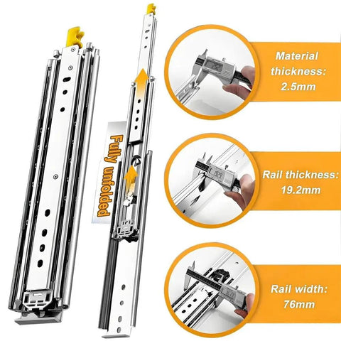Heavy Duty Drawer Slides With Lock, 500 Lb Capacity, Full Extension, Side Mount Ball Bearing Rails, 68 Inch Length, 76mm Wide