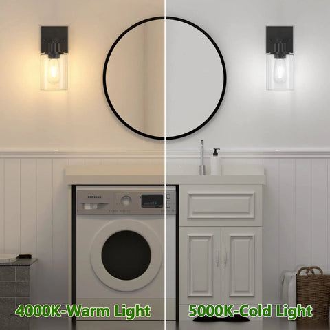 Two Pack Black Vanity Wall Sconces Modern Industrial Wall Lighting With Clear Glass Shades For Bathroom Mirror 4000K-5000K