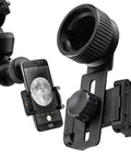 Phone Mount For Telescope And Optics, Adjustable Adapter For Outdoor Viewing, Quick Twist Lock Clamp holding phone with moon image
