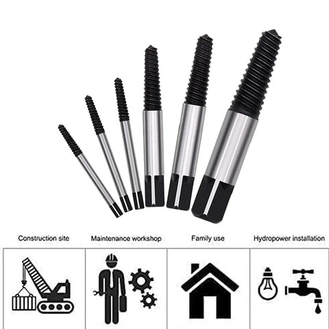 Six Piece Damaged Screw Extractor Set In Chrome Vanadium Steel For Busted Bolts And Stripped Screws Broken Bolt Remover Kit With Sizes 1 2 3 4 5 6 Durable Tools