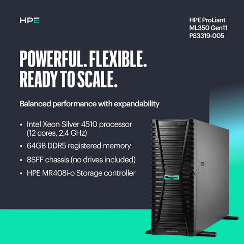 Premium Enterprise Tower Server Powered By Intel Xeon Silver 12 Core Chipset 64GB DDR5 RAM in black chassis with drive bays.