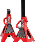 Front view: pair of red steel 2-ton Torin Big Red car jack stands with black posts