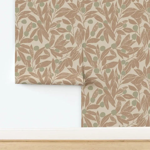 Make Walls Pop With This Badass Rustic Botanical Wallpaper Featuring A Chic Linen Texture And Matte Finish Pvc Free Paste To Paper Design Guarantees Zero Drama Install For Kitchens Bathrooms Mudrooms And Commercial Spaces Because Its Made Tough Enough To, showcasing beige botanical pattern with green accents.
