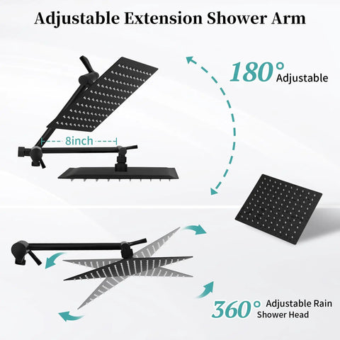 8 Inch Matte Black Rain Shower Head for Wide Coverage and Powerful Water Flow Dope Easy Install Durable Stainless Steel Shower Head Modern Bathroom Upgrade Rainfall Shower Experience with adjustable extension arm.