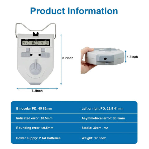 Digital Pupilometer With LCD Display And Memory PD Meter For Eyewear Fitting Pupillary Distance Tool Precision Optical Instrument 45 To 82mm Great For Eye Pros And Shops Quick Readouts Memory Recalls Last Five PD Measurements Easy Onehanded, front and side views with 8.7-inch height