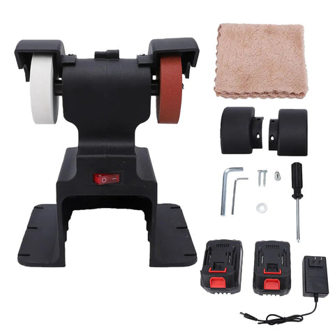 Asixxsix Mini Bench Grinder 250W Cordless Battery Powered Polishing Machine with two grinding wheels and accessories.