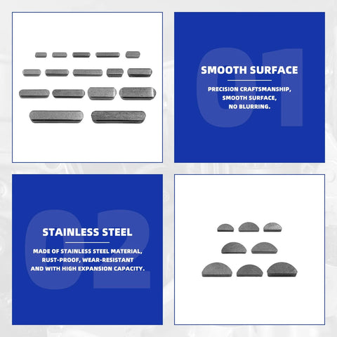 Keyway Key Stock Assortment Kit with 140 Round End Keys and 80 Woodruff Half Moon Keys Plus 2 Tweezers 220 Pieces for Gearheads in the Mechanical Industry showing keys arrangement and material information