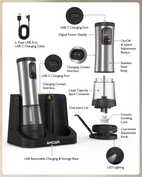 Electric Salt And Pepper Grinder Set with 2 speed modes, stainless steel body, USB-C base, ceramic grinders, and LED light