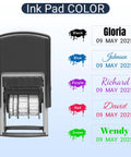 Custom Self Inking Date Stamp For Business Personalized Signature Seal with various ink colors and names displayed.