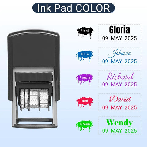 Custom Self Inking Date Stamp For Business Personalized Signature Seal with various ink colors and names displayed.