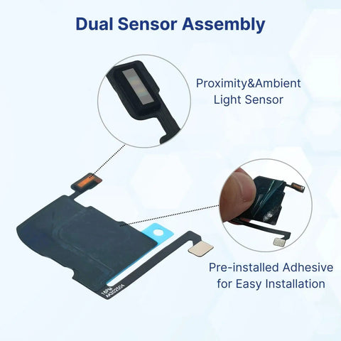 Proximity Sensor Flex Cable With Screen Seal Adhesive For iPhone 16 Pro Max Face ID Compatible Repair Kit showing dual sensor assembly