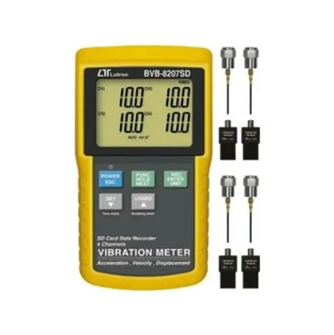 All In One Vibe Meter With SD Card Data Logger For Real Time Analysis Of Acceleration Velocity And Displacement, handheld yellow device with probes