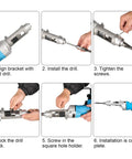 Installation steps for No Hassle Square Hole Drill Bit Adapter And Mortising Bracket For Drill Press, showcasing tool assembly process.