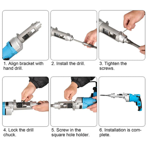 Installation steps for No Hassle Square Hole Drill Bit Adapter And Mortising Bracket For Drill Press, showcasing tool assembly process.