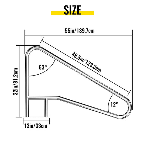 Dimensions of Heavy Duty Pool Handrail With Four Corner Flex And Blue Rubberized Comfort Guard Forged From 304 Stainless Steel.