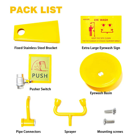 Emergency Eye Wash Station Wall Mounted With Eyewash Sign, dual spray faucet, stainless steel, ABS, shown disassembled in pack list