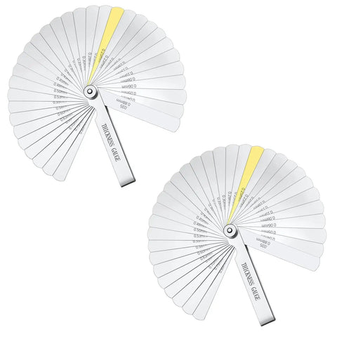 High Precision Guitar Feeler Gauge Set, 32 stainless steel blades, showing thickness range, dual imperial and metric scales