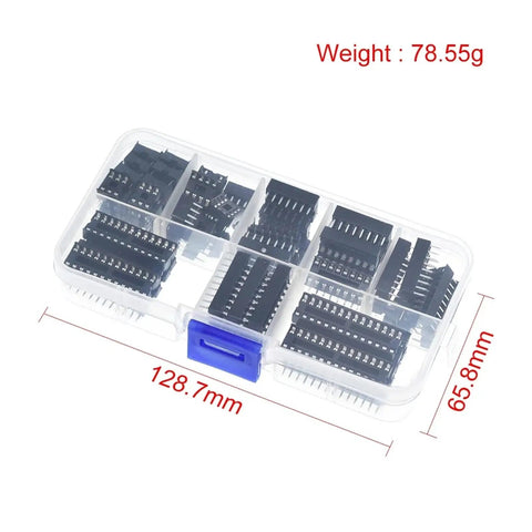 Grab This Insane 66 Pc DIP IC Socket Adapter Kit With Solder Type Design For 6 Through 28 Pin Chips And Make Your Electronics Soldering Jobs A Total Snap Today. 66-piece plastic organizer case with black DIP IC sockets and 128.7mm x 65.8mm dimensions.