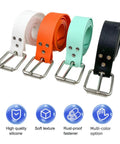 Four colorful diving belts in white, orange, mint, and black with stainless steel buckles, showing multi-color options.