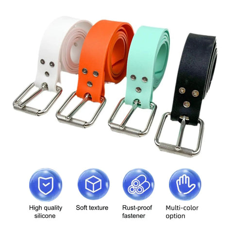 Four colorful diving belts in white, orange, mint, and black with stainless steel buckles, showing multi-color options.