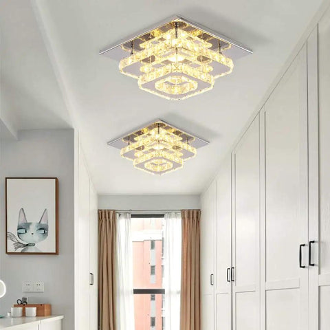 9.8 Inch Square Crystal Flush Mount LED Ceiling Light With Switch Control installed in modern hallway