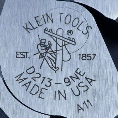 Close-up of 9 Inch High Leverage Linesman Pliers For Copper Aluminum And Soft Metals, showing Made in USA text and logo engraving.