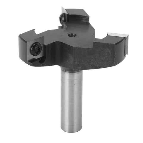 Get This Top Tier High Performance 1/2In Shank Spoilboard Surfacing Router Bit With 3 Sharp Carbide Blades For Effortless CNC Wood Planing And Smooth Surface Prepping showing sharp carbide blades and metal shank.