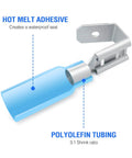 Close-up of a blue Heat Shrink Piggy Back Spade Terminal with hot melt adhesive and polyolefin tubing for secure connections.