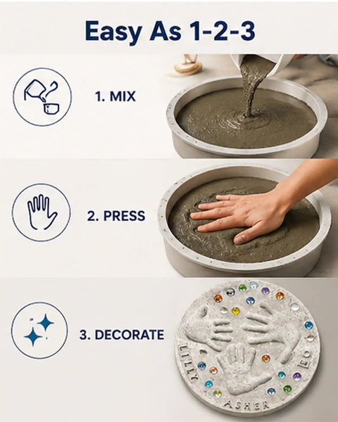 DIY Handprint Stepping Stone Kit For Garden Easy No Mess Large 14 Inch Cement Footprint Stone Concrete Mold Outdoor Patio Walkway Paver Weatherproof Keepsake Personalized Family Art Craft steps: mix, press, decorate.
