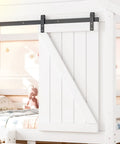 Kid Approved Full Size Floor Bed Frame With Sliding Barn Door And Built In Soft Glow Light Farmhouse House Shaped Sleeper close-up of white barn door.