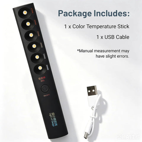 Package contents of Dope Rechargeable Color Temperature Light Wand For Photography And Video with USB cable and features.
