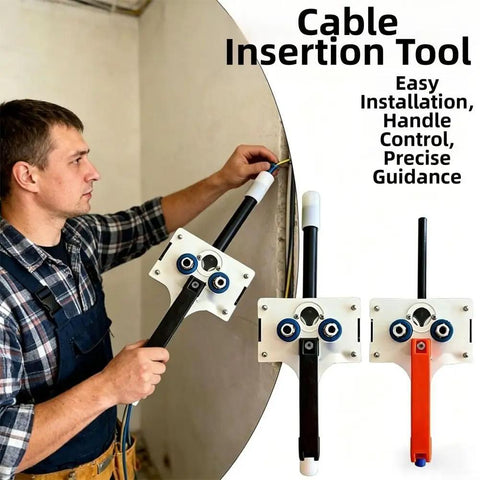 All In One Cable Puller For Electricians And Contractors, Heavy Duty Workhorse With Ergonomic Dual Tone Orange And Black Handles, High Visibility Grip For Reliable Building Wiring Installations, cable insertion tool in use