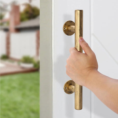 Hand gripping 12 Inch Gold Barn Door Handle Set With Round Pull, Flat Finger Pull, Hook Lock, Eye Latch And Flush Sliding Hardware Kit