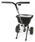 Spyker Pro Series 50 Pound Broadcast Spreader with 5 Pound Handheld Spreader Kit showing poly hopper and easy push handles