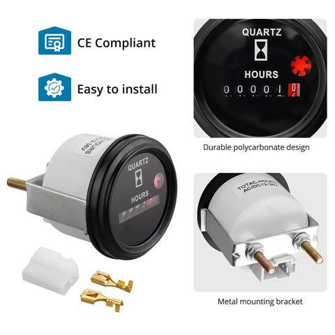 Keep Track Of Engine Hours With This Rugged Quartz Hour Meter For 6V To 80V Systems, 12V Industrial Gauge With Metal Mount Bracket, Anti Vibration, Waterproof Design For Indoor And Vehicle Use. Quartz hour meter with metal bracket and wiring terminals