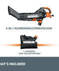WG509 3 In 1 Leaf Blower Mulcher Vacuum for Easy Lawn Care with 350 CFM and 210 MPH, includes 1.2 bushel leaf collection bag