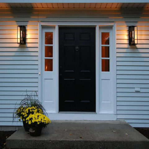 Front porch with Dope Outdoor Wall Lanterns Set Of Two In Solid Brass, Waterproof Exterior Sconces by door, clear tempered glass.