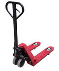 Hella Tough Heavy Duty Steel Casters Rock Solid Rolling Cart Wheels For Tool Boxes And Shop Benches Set Of Four With Three Thousand Pound Load Capacity Galvanized Swivel Design Abrasion Proof Garage Hardware on a red pallet jack.