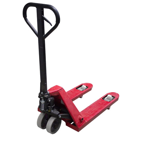 Hella Tough Heavy Duty Steel Casters Rock Solid Rolling Cart Wheels For Tool Boxes And Shop Benches Set Of Four With Three Thousand Pound Load Capacity Galvanized Swivel Design Abrasion Proof Garage Hardware on a red pallet jack.