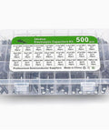 500 Piece Aluminum Electrolytic Capacitor Kit with storage box for DIY electronics, showing 24 values from 0.1uF to 1000uF.