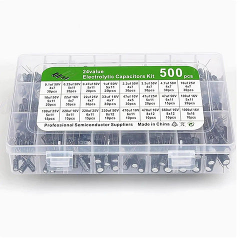 500 Piece Aluminum Electrolytic Capacitor Kit with storage box for DIY electronics, showing 24 values from 0.1uF to 1000uF.