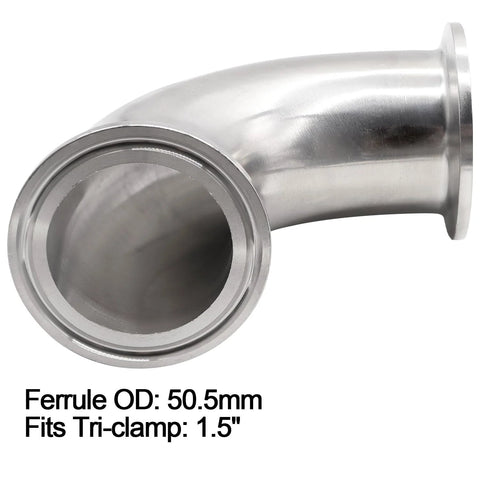 Stainless steel sanitary ferrule elbow, 90°, 1.5 inch tube OD, tri-clamp fitting
