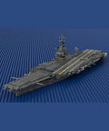 Top Shelf USS Enterprise CVN 65 Aircraft Carrier Building Blocks Set With 4941 Heavy Duty Bricks And 1 350 Scale Military Ship Model angle view on blue background.