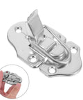 Close-up of Vintage Metal Toolbox Lock Hasp Latch Set with screws and hand holding latch, 6 piece small cabinet lock for jewelry boxes.