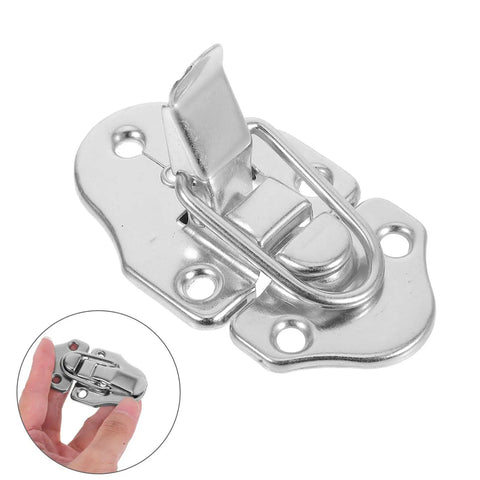 Close-up of Vintage Metal Toolbox Lock Hasp Latch Set with screws and hand holding latch, 6 piece small cabinet lock for jewelry boxes.