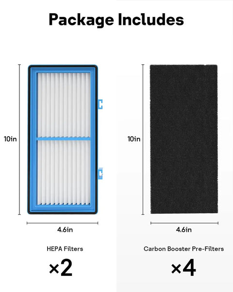 Must Have Aer1 Filter Replacement Pack For Holmes Air Purifiers With 2 True HEPA Filters And 4 Carbon Booster Pre Filters Replaces A Filter D Filter K Filter HAPF30AT Compatible For Clean Air At Home And Office, showing dimensions of HEPA and carbon filters.