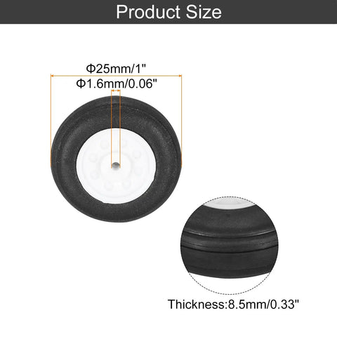Two Pack 1 Inch Outer Diameter RC Airplane Wheels Set for DIY Model Planes, showing wheel dimensions and details