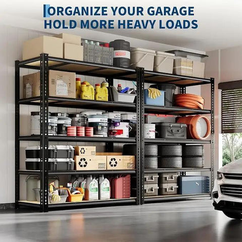 Straight Up Heavy Duty 5 Tier Metal Storage Shelf With Rock Solid Wood Boards And 650 Pound Capacity Badass Garage Rack No Sweat Boltless Design Works Like A Charm in organized garage with tools and storage bins.