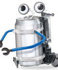 Tin Can Robot Kit For Kids 8 Plus DIY Science STEM Project Built From A Recycled Can To Build A Bug Eyed Robotic Buddy For Boys And Girls Learning Through Play. Tin can robot with blue arms and recycled can body