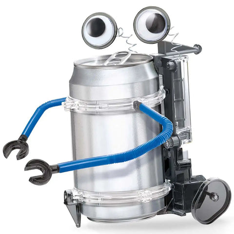 Tin Can Robot Kit For Kids 8 Plus DIY Science STEM Project Built From A Recycled Can To Build A Bug Eyed Robotic Buddy For Boys And Girls Learning Through Play. Tin can robot with blue arms and recycled can body